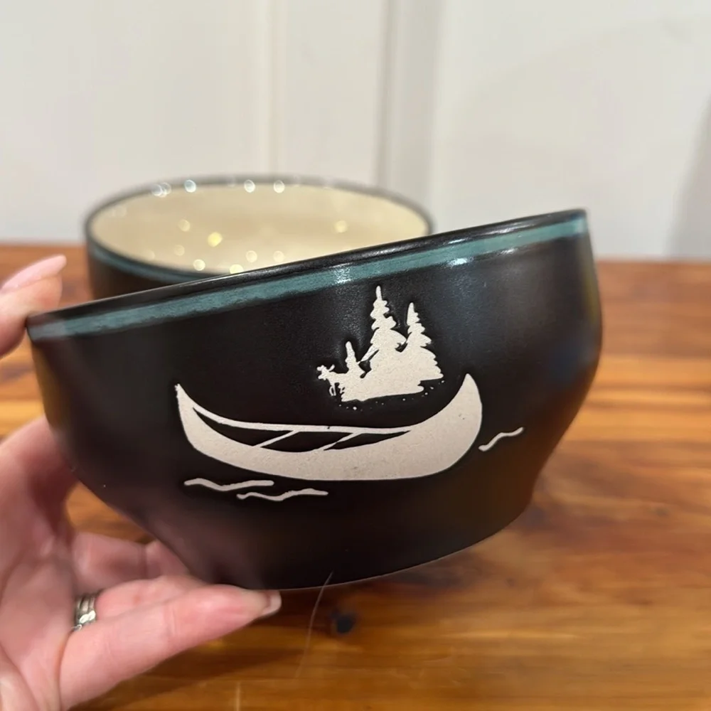Bass Pro Shops Canoe Tree Water Outdoors Black Soup Cereal Bowls Set of 2